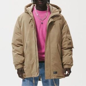 Zara Men's Quilted Puffy Hooded Parka Tan Jacket Sz M